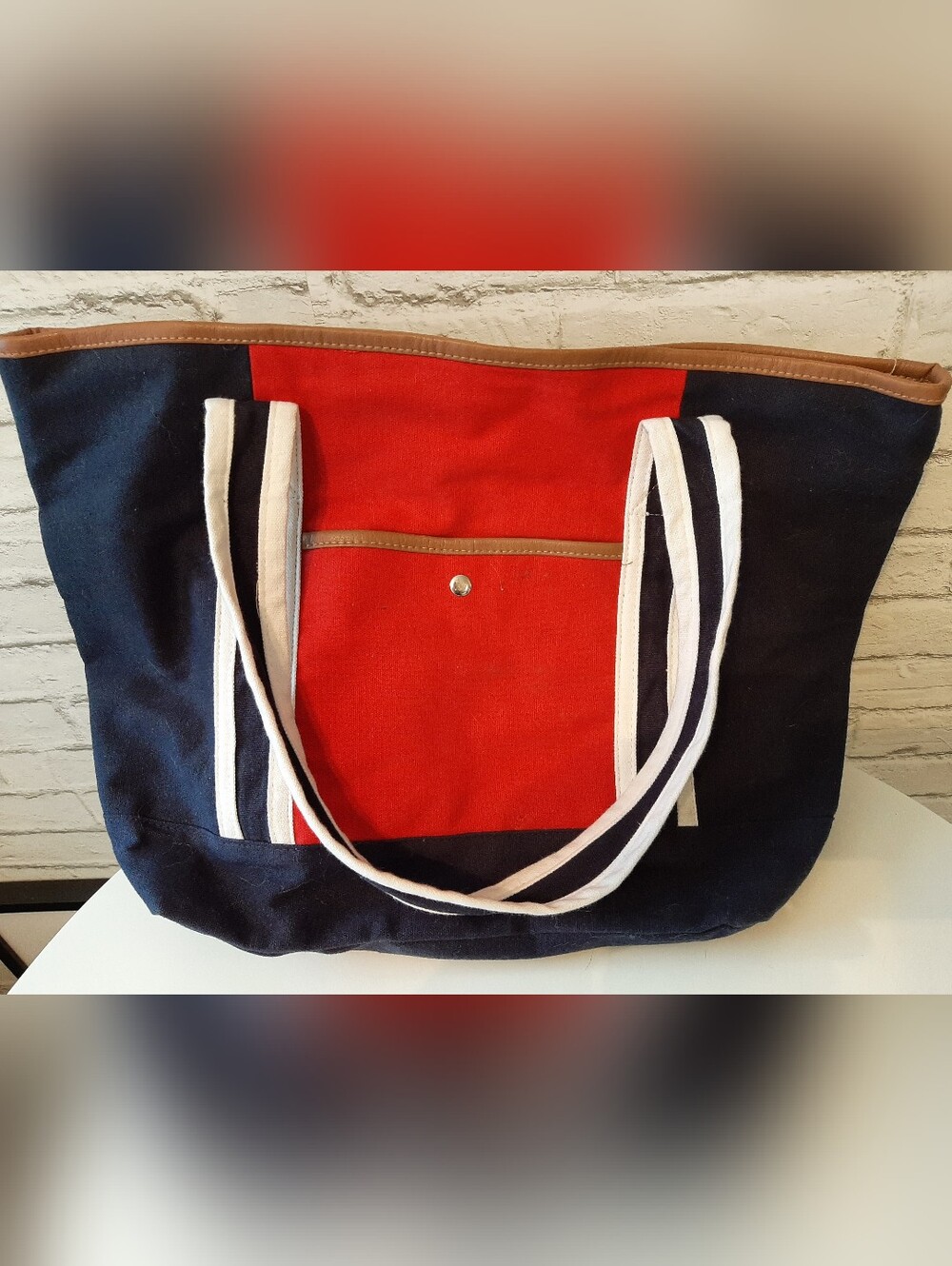 Canvas Tote Bag in Navy and Red with Contrast Straps